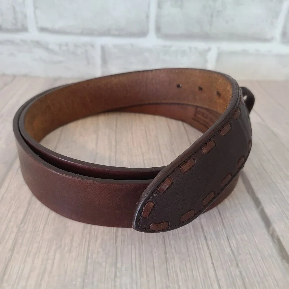 Vintage Cole Haan Brown Leather Belt Made in USA Brass Buckle Stitch Detailed